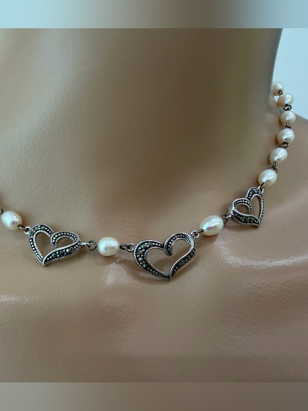 Feminine, Pretty Hearts and Pearls Necklace Set in Silvertone with Crystals